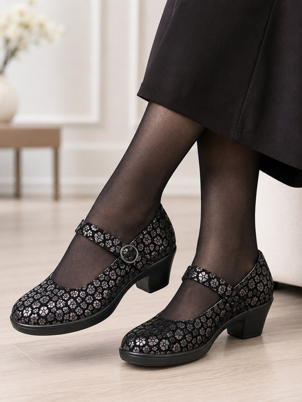 Alegria Harper Mary Jane Shoes EU 40 Black Silver Floral Leather Comfort Heel